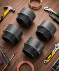 4 Pack 4 Inch PVC Pipe Fitting Male Adapter Schedule 80 Socket To NPT Connector For Water Irrigation And Plumbing Heavy Duty Industrial Grade Corrosion Resistant Built To Handle High Pressure And High Flow Leak Free black adapters on wood with tools