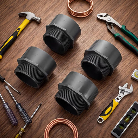 4 Pack 4 Inch PVC Pipe Fitting Male Adapter Schedule 80 Socket To NPT Connector For Water Irrigation And Plumbing Heavy Duty Industrial Grade Corrosion Resistant Built To Handle High Pressure And High Flow Leak Free black adapters on wood with tools