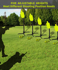 AR500 Steel Target System Complete Kit With 12 Inch By 20 Inch Silhouette Target And Two By Four Stand Mount Kit Height Adjustable Easy One Person Setup Big Savings shown in five different heights for shooting practice on a grassy field.