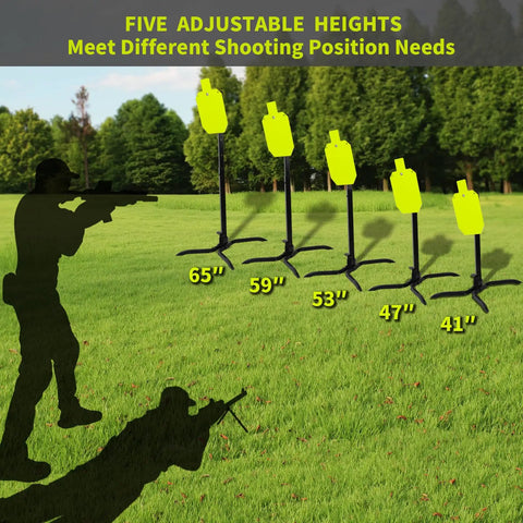 AR500 Steel Target System Complete Kit With 12 Inch By 20 Inch Silhouette Target And Two By Four Stand Mount Kit Height Adjustable Easy One Person Setup Big Savings shown in five different heights for shooting practice on a grassy field.