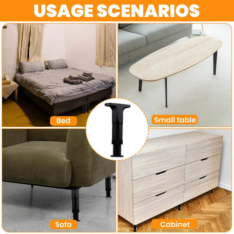 Built Tough As Nails Adjustable Bed Support Legs Six Pack Heavy Duty Telescopic Center Stands shown under bed, sofa, small table, and cabinet.