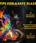 Color Changing Campfire Packets For Fire Pits And Indoor Outdoor Fireplaces Six Pack Rainbow Flames Red Blue Green Safe Easy Toss Camping Accessory Compatible With Wood used in fire pit with colorful flames.