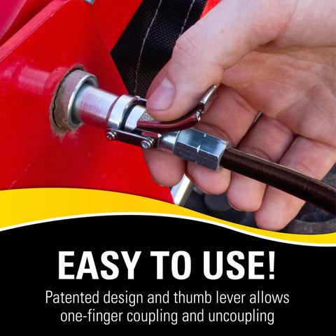 Heavy Duty Quick Release Grease Coupler XL for 1 8 NPT Fittings, Hands Free Latching, shown in use on machinery