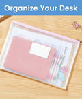 Mesh Zipper Pouch Bags 20 Pack With Label Pockets Waterproof A4 Letter Size Document Organizers with pink zipper on wooden desk.