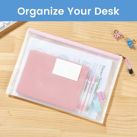Mesh Zipper Pouch Bags 20 Pack With Label Pockets Waterproof A4 Letter Size Document Organizers with pink zipper on wooden desk.