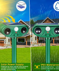 Solar Powered Yard Animal Deterrent With Motion Sensor Ultrasonic Cat Fox Raccoon Rabbit Squirrel Coyote Repeller Waterproof Outdoor Pest Guard For Garden Lawn Farm 2 Pack on stake, solar panel and IP65 waterproof