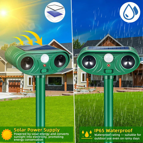 Solar Powered Yard Animal Deterrent With Motion Sensor Ultrasonic Cat Fox Raccoon Rabbit Squirrel Coyote Repeller Waterproof Outdoor Pest Guard For Garden Lawn Farm 2 Pack on stake, solar panel and IP65 waterproof