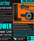 Heavy Duty Marine Lower Unit Repair Kit Featuring Rock Solid Three Piece Bearing Carrier Puller And Drive Shaft Retainer Wrench Set For No Sweat Outboard Servicing, displaying tool components.