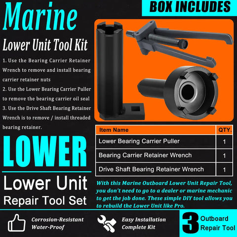 Heavy Duty Marine Lower Unit Repair Kit Featuring Rock Solid Three Piece Bearing Carrier Puller And Drive Shaft Retainer Wrench Set For No Sweat Outboard Servicing, displaying tool components.