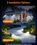 Heavy Duty Solar Spot Lights Outdoor 56 Led With 14 Lenses IP65 Waterproof 3 Modes illuminating a garden pathway and wall mounted.