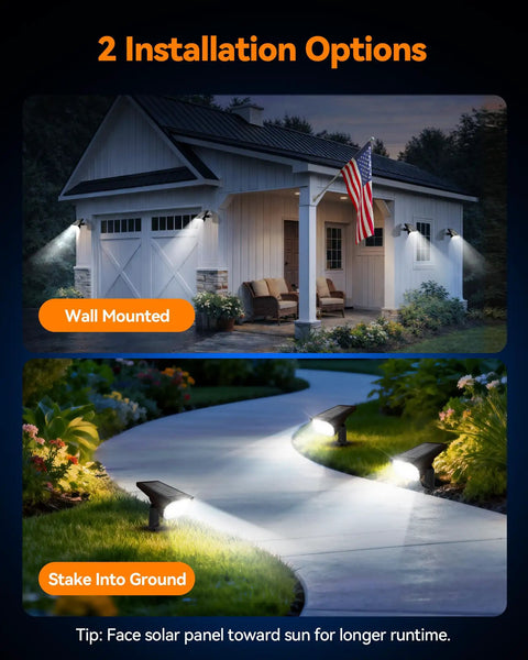 Heavy Duty Solar Spot Lights Outdoor 56 Led With 14 Lenses IP65 Waterproof 3 Modes illuminating a garden pathway and wall mounted.
