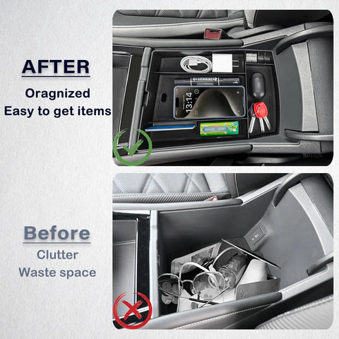 Must Have Center Console Organizer For VW Atlas And Atlas Cross Sport 2024 To 2026 Armrest Storage Tray With Dual Layers Keeps Pens Coins Phone And Small Gear Organized Car Interior Accessories; before and after comparison of organized and cluttered car console.