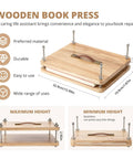 Wooden Book Press for Binding and Craft Projects with comfort grip handle, non-slip foot pads, dimensions 14.7 x 11.4 inches.
