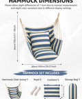 Chill Indoor Outdoor Hammock Chair Swing Set With Cushions And Pillows, 400 Lb Capacity Rope Chair In Soft Thick Cotton, Blue White Stripes