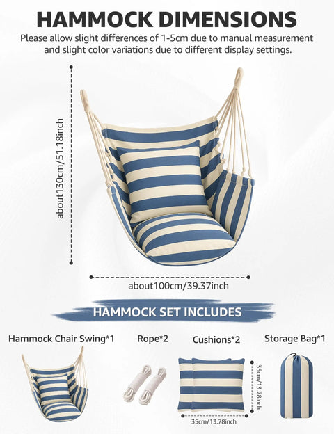 Chill Indoor Outdoor Hammock Chair Swing Set With Cushions And Pillows, 400 Lb Capacity Rope Chair In Soft Thick Cotton, Blue White Stripes