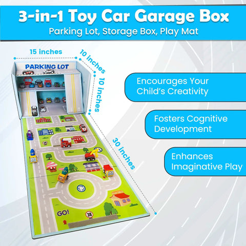 Kid Friendly Toy Car Garage Organizer Box With Foldable Play Mat For Easy Cleanup And Playtime Stackable Collapsible Storage Bin For Cars Not Included Perfect For Playrooms Busy Homes And Quick Cleanup After Car Races, showing mat and storage