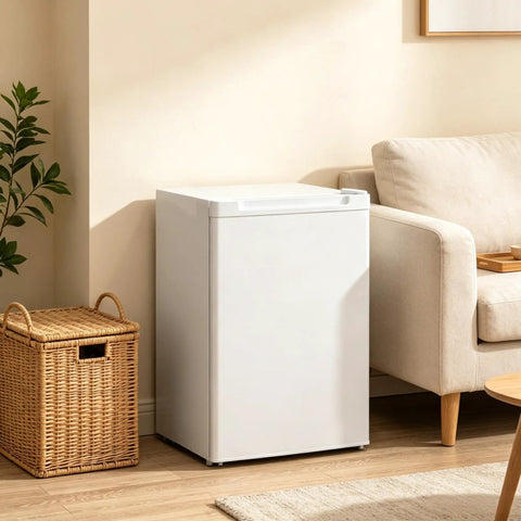 3 Cu Ft Compact Upright Freezer With Reversible Door And Bright White Shell in living room corner next to a sofa.