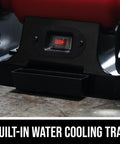Heavy Duty Eight Inch Bench Grinder Equipped With A Kickass Three Point Zero Amp Motor And Bright Led Work Light Paired With Nifty Water Cooling Tray, showing built-in water cooling tray for metal sharpening.