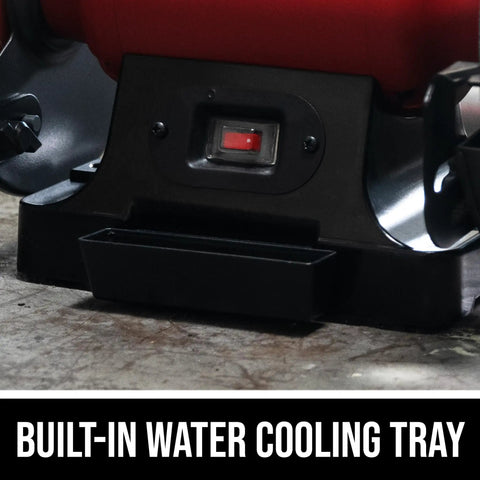 Heavy Duty Eight Inch Bench Grinder Equipped With A Kickass Three Point Zero Amp Motor And Bright Led Work Light Paired With Nifty Water Cooling Tray, showing built-in water cooling tray for metal sharpening.