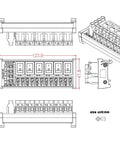Technical diagram of Beefy Six Channel DC Power Distribution Strip With DIN Rail Mount And Rocker Switches, 0 To 50V, 30A Total.