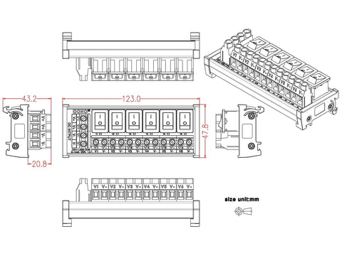 Technical diagram of Beefy Six Channel DC Power Distribution Strip With DIN Rail Mount And Rocker Switches, 0 To 50V, 30A Total.