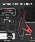Contents of Powerful 2500A Jump Starter With Air Compressor And Tire Inflator, Portable 12V Car Battery Booster, cables, and bag.