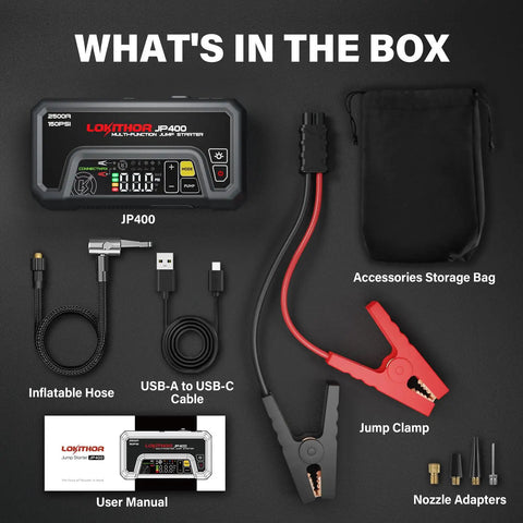 Contents of Powerful 2500A Jump Starter With Air Compressor And Tire Inflator, Portable 12V Car Battery Booster, cables, and bag.