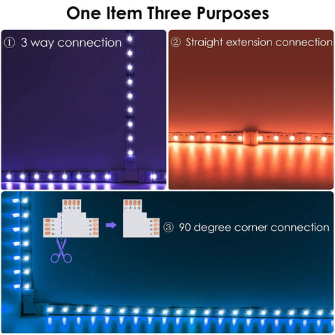 Image showing a T Shape 4 Pin LED Connector Kit with 3-way, straight, and 90-degree corner connections, featuring LED strips.