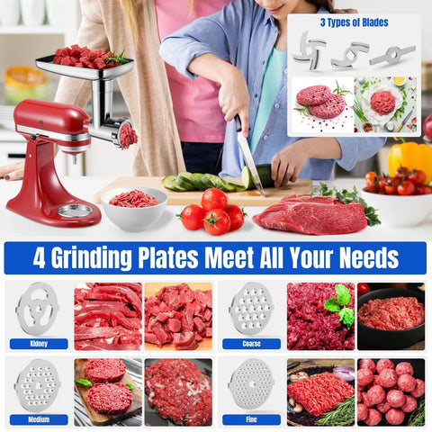Metal Food Grinder Attachments for Stand Mixers with 4 Grinding Plates and Meat Preparation