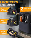 Heavy Duty Tool Bag With Multiple Pockets And Wide Mouth Opening, Portable Tool Box Organizer with 17 pockets shown.