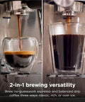 Home Barista Luxe Café Mini Espresso Machine With Built-In Burr Grinder brewing espresso and drip coffee in clear glass cups.