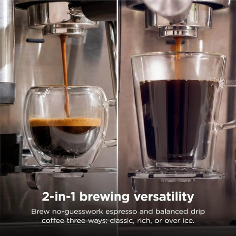 Home Barista Luxe Café Mini Espresso Machine With Built-In Burr Grinder brewing espresso and drip coffee in clear glass cups.