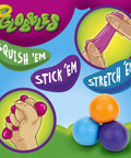 Colorful Crayola Globles fidget balls in purple, blue, and orange, highlighting squish, stick, and stretch sensory play features.