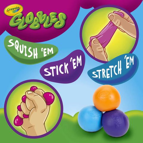 Colorful Crayola Globles fidget balls in purple, blue, and orange, highlighting squish, stick, and stretch sensory play features.