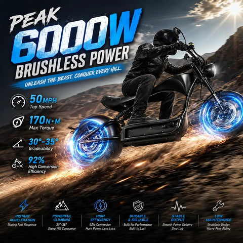 High Output 4000W Electric Motorcycle With A Dual 60V Battery Rig Delivering Over One Hundred Ten Miles Per Charge and Rolling Fifty MPH Tops with Quick Hydraulic Brake Stops.