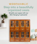 Four Piece Stackable Mini Cupboard Set With Eight Drawers And Glass Doors In Dark Mahogany Wood For Pantry Kitchen Bath Or Garage Storage Fully Assembled And Ready To Organize against a white wall with decor items.