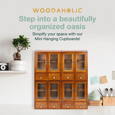 Four Piece Stackable Mini Cupboard Set With Eight Drawers And Glass Doors In Dark Mahogany Wood For Pantry Kitchen Bath Or Garage Storage Fully Assembled And Ready To Organize against a white wall with decor items.