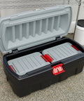Heavy Duty 48 Gallon Plastic Storage Bin With Two 8 Gallon Nested Lockable Boxes And Secure Fitting Lids, open showing inner boxes.