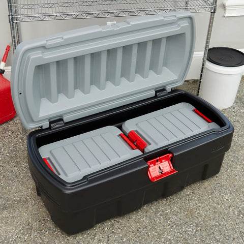 Heavy Duty 48 Gallon Plastic Storage Bin With Two 8 Gallon Nested Lockable Boxes And Secure Fitting Lids, open showing inner boxes.