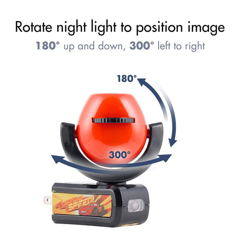 Cars Night Light Projector For Kids With Dusk To Dawn Sensor showing rotation angles for adjusting projection