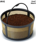 Reusable Gold Tone Mesh Coffee Filter For K Duo Essentials And K Duo Brewers filled with coffee grounds