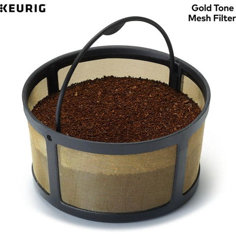 Reusable Gold Tone Mesh Coffee Filter For K Duo Essentials And K Duo Brewers filled with coffee grounds