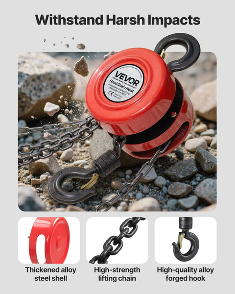 1 Ton Hand Chain Hoist With 10 Ft Lift Height And Galvanized G70 Chain, heavy-duty red pulley, thickened steel shell, high-strength chain