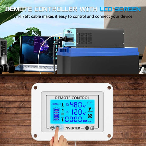 48V 2500W Pure Sine Wave Inverter with LCD remote showing battery voltage and AC output readings