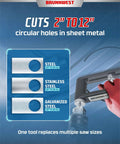 Diagram showing adjustable sheet metal hole cutter for making 2 to 12 inch cuts in 24 gauge steel and 26 gauge stainless for HVAC ductwork.