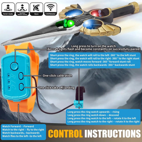 Control instructions for Kids RC Airplane With Hand Gesture Or Remote Control, showing LED lights and remote functions.