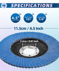 Front view of blue 4.5-inch flap discs stack for angle grinders; T27 bevel, 7/8 in arbor.