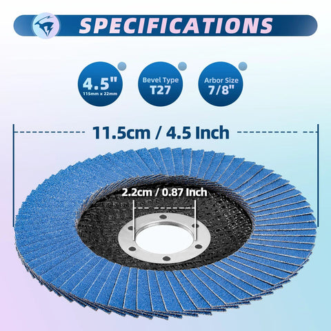 Front view of blue 4.5-inch flap discs stack for angle grinders; T27 bevel, 7/8 in arbor.