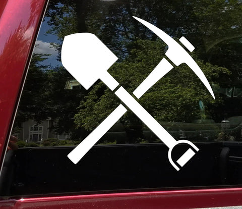 Crossed Shovel And Pick Axe Vinyl Decal 15 Inch By 15 Inch Die Cut Sticker For Mining Expedition On Cars Trucks And Gear