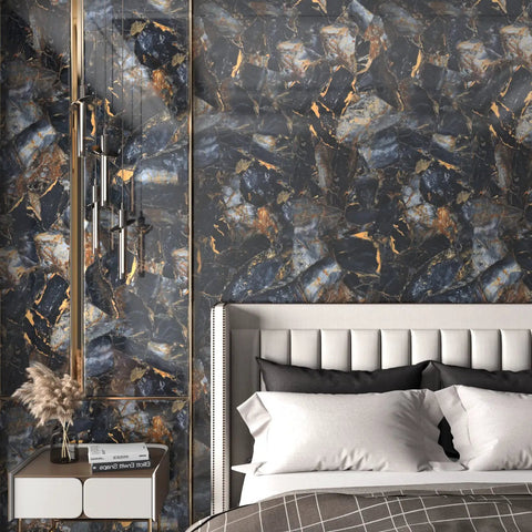 DIY Friendly Peel And Stick Marble Black Countertop Vinyl on bedroom wall and nightstand with modern decor